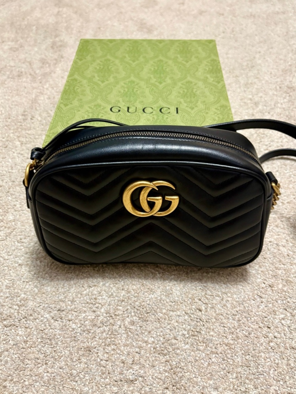 Gucci Black Leather GG Marmont Crossbody Bag with Gold Hardware